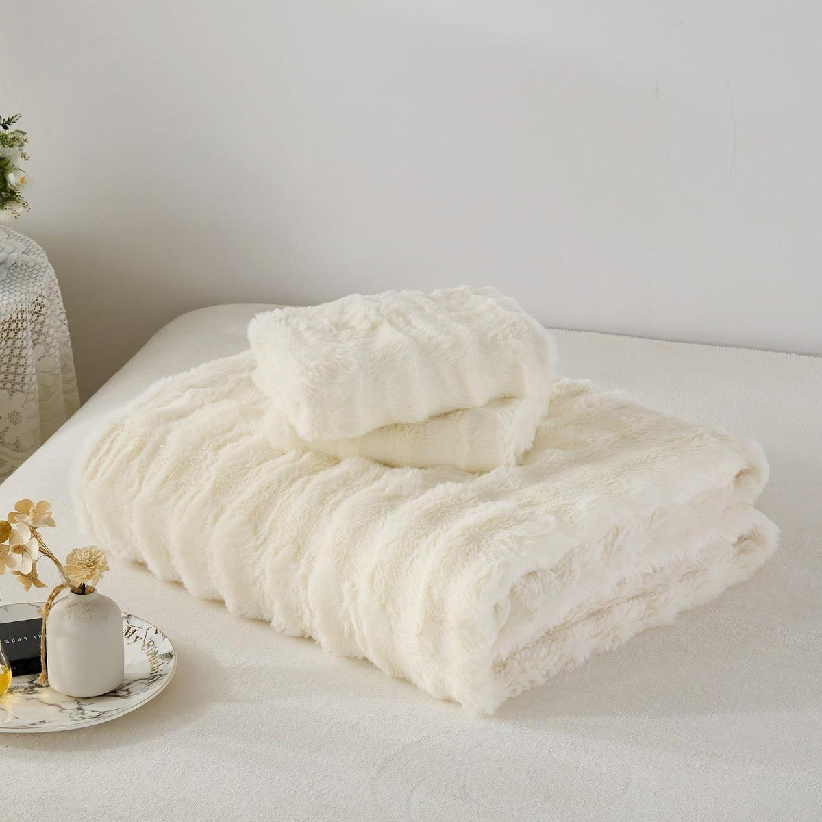 Plüsch Bettwäsche Set 200x200 Creme Weiß, Winterwarm & Kuschelig