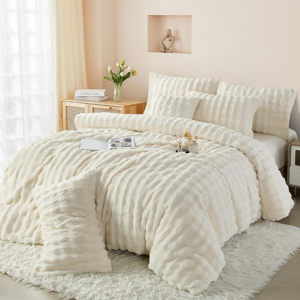 Plüsch Bettwäsche Set 200x200 Creme Weiß, Winterwarm & Kuschelig