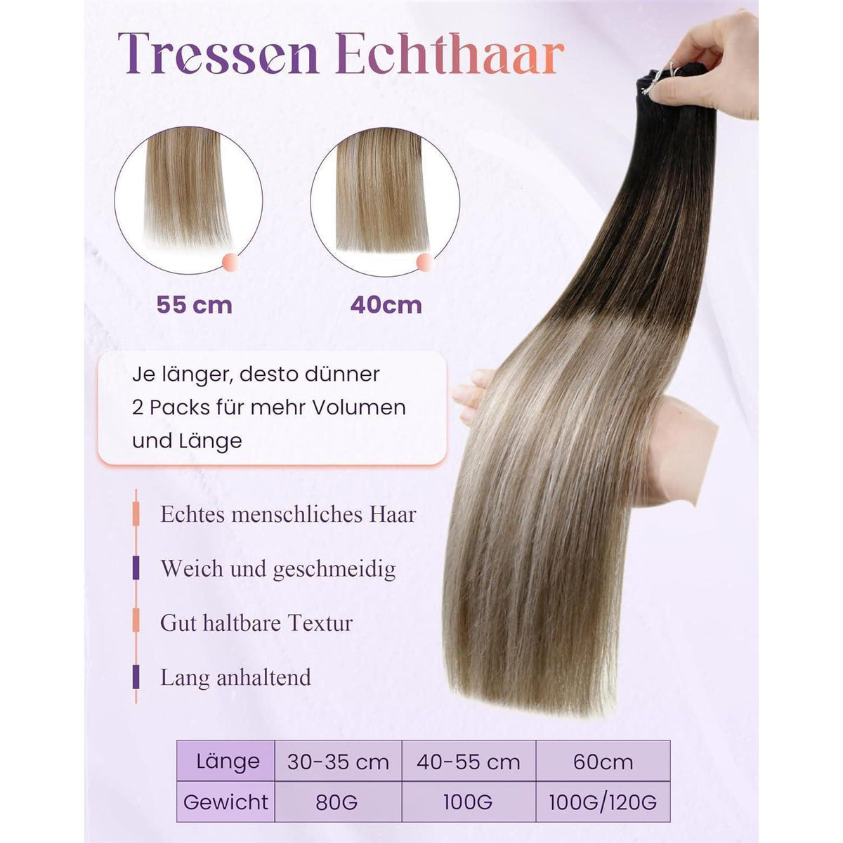 Echthaar Tressen Ombre Schwarz-Karamellblond 55cm 100g
