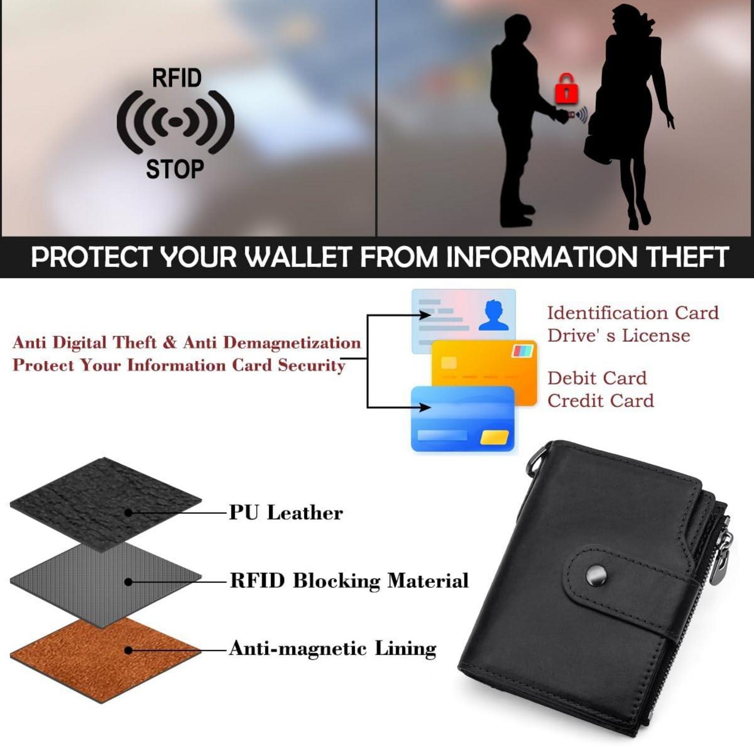 REETEE Herren Geldbörse RFID Schutz Echtem Leder Portemonnaie mit Kette Schwarz