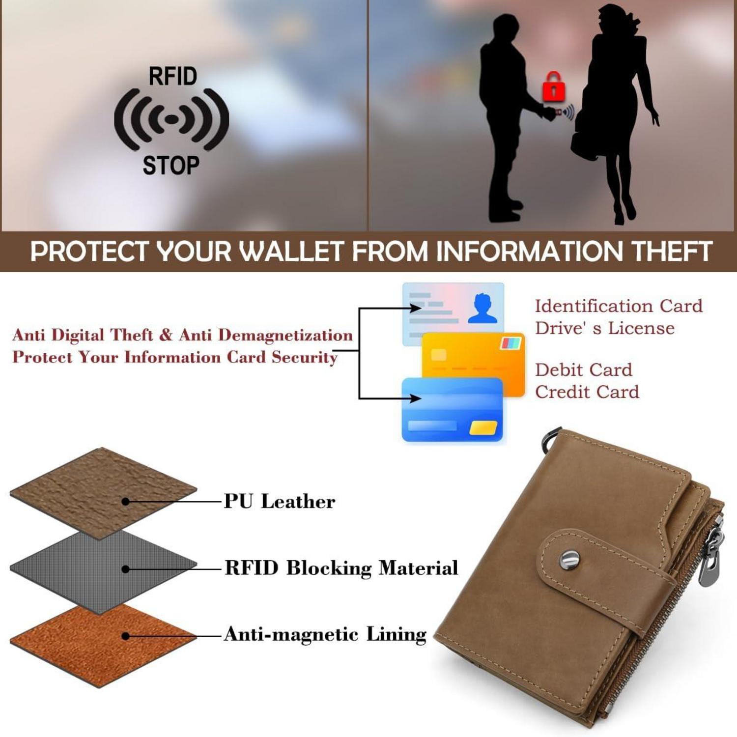 REETEE Geldbörse Herren RFID Schutz Echtes Leder Kaffee mit Kette