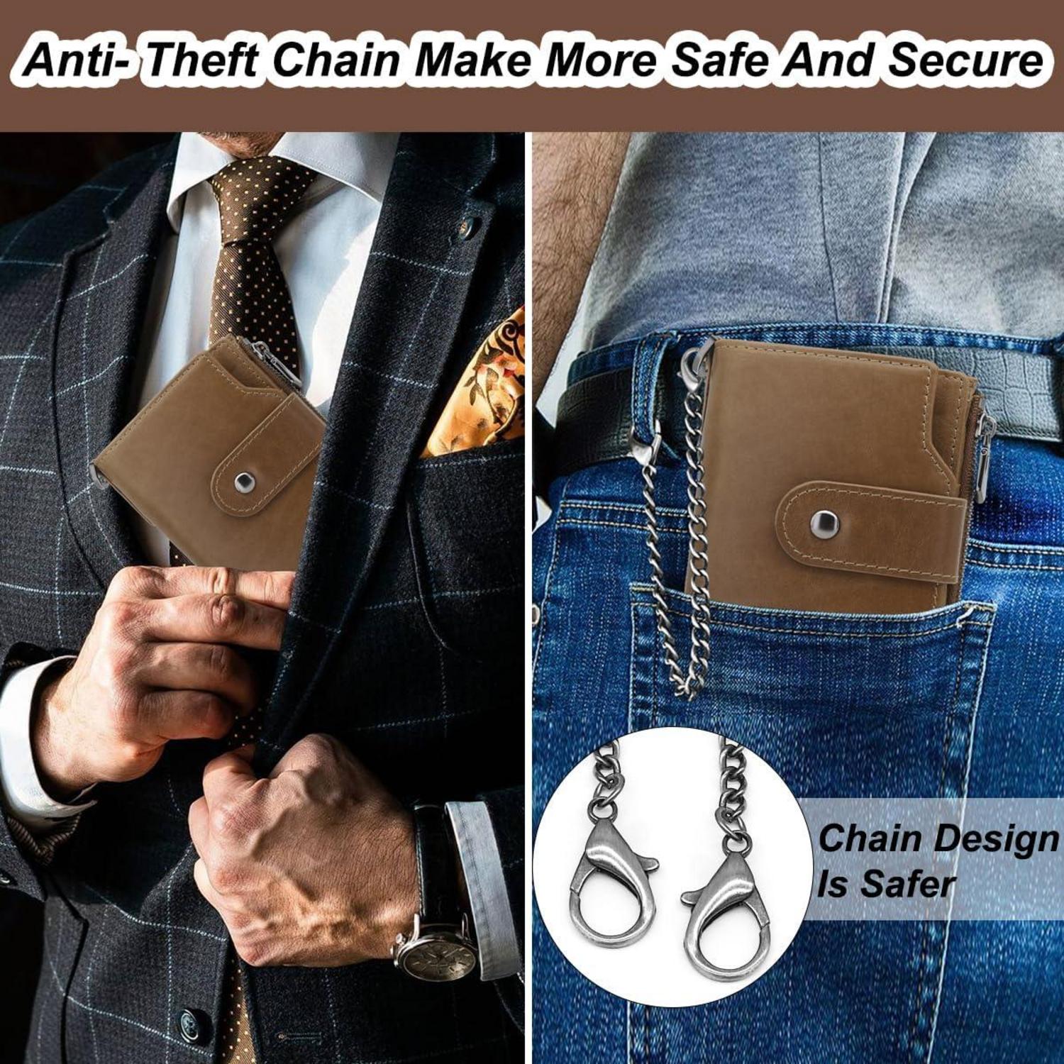 Herren Geldbeutel RFID Schutz Echtes Leder mit Kette Münzfach