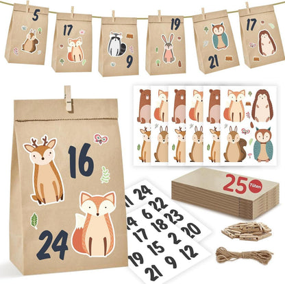 Adventskalender Waldtiere DIY 2025 groß 25 braun Papiertüten