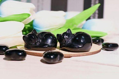 Obsidian Katze Figur Schlafende Katze Dekor Stein Statue Edelsteine Skulptur für