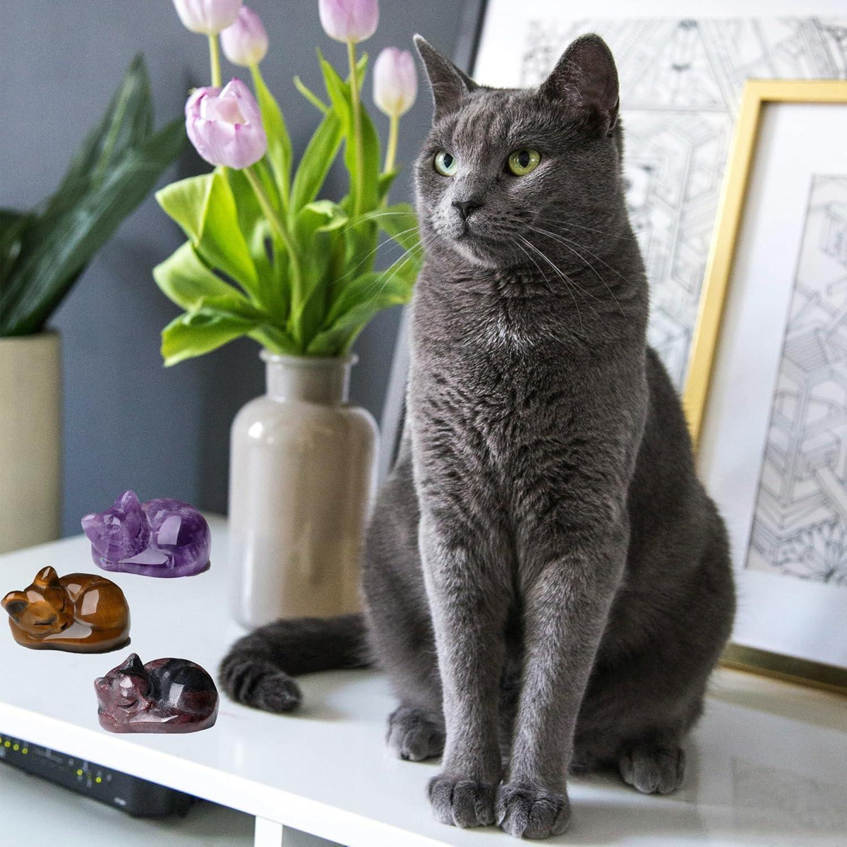 Tigerauge Katze Kristallfigur – Glücksbringer & Schmuckstein Skulptur
