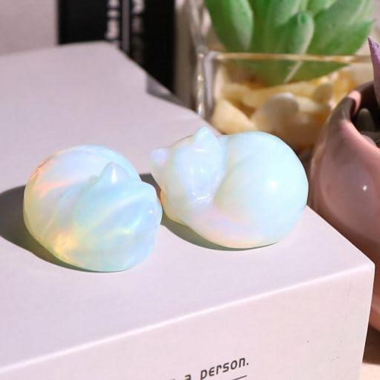 Opal Katze Statue Deko Figur Edelstein Schlafende Kätzchen NiedlichWeiß-opal