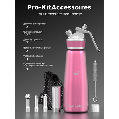 Sahnespender 500ml Aluminium mit 3 Tüllen & Bürste, Rosa