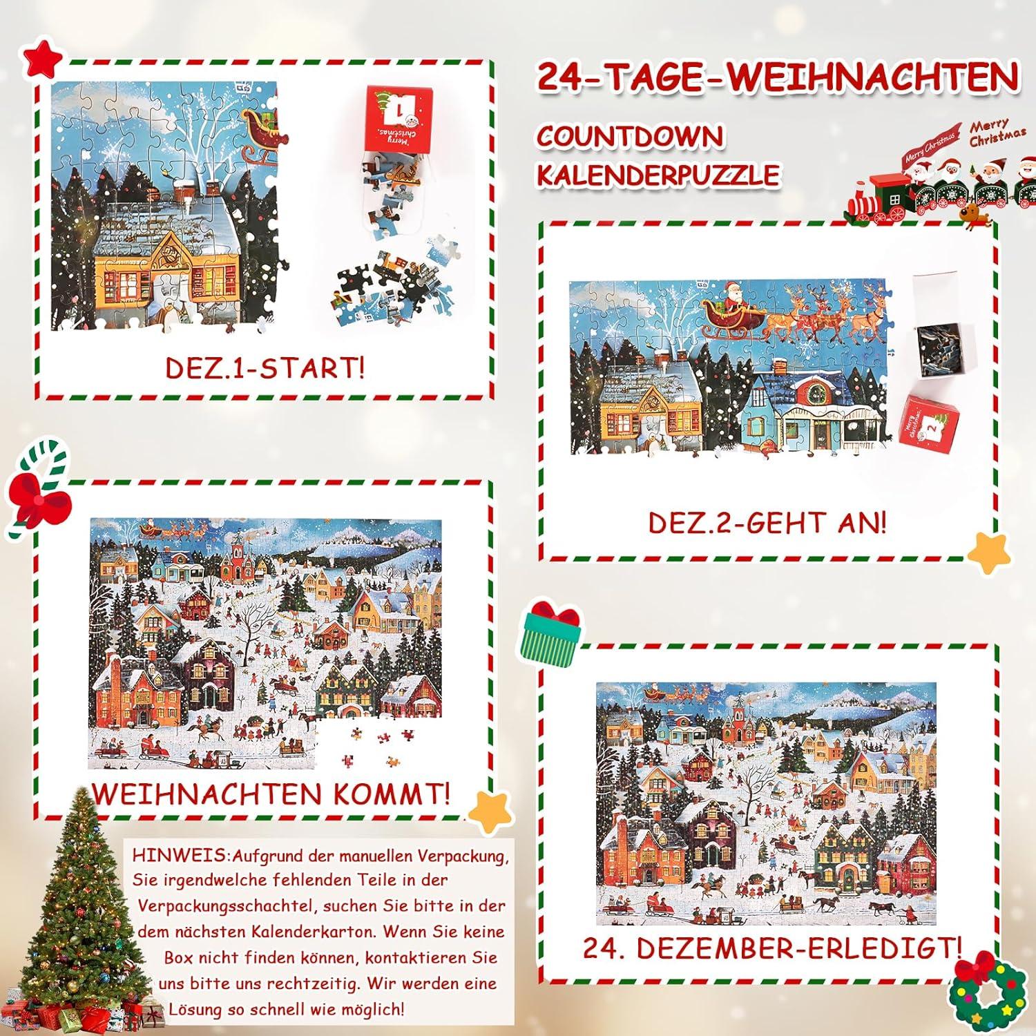 Adventskalender Puzzle 2024 Weihnachts Jigsaw 1008 Teile für Kinder und Erwachsene