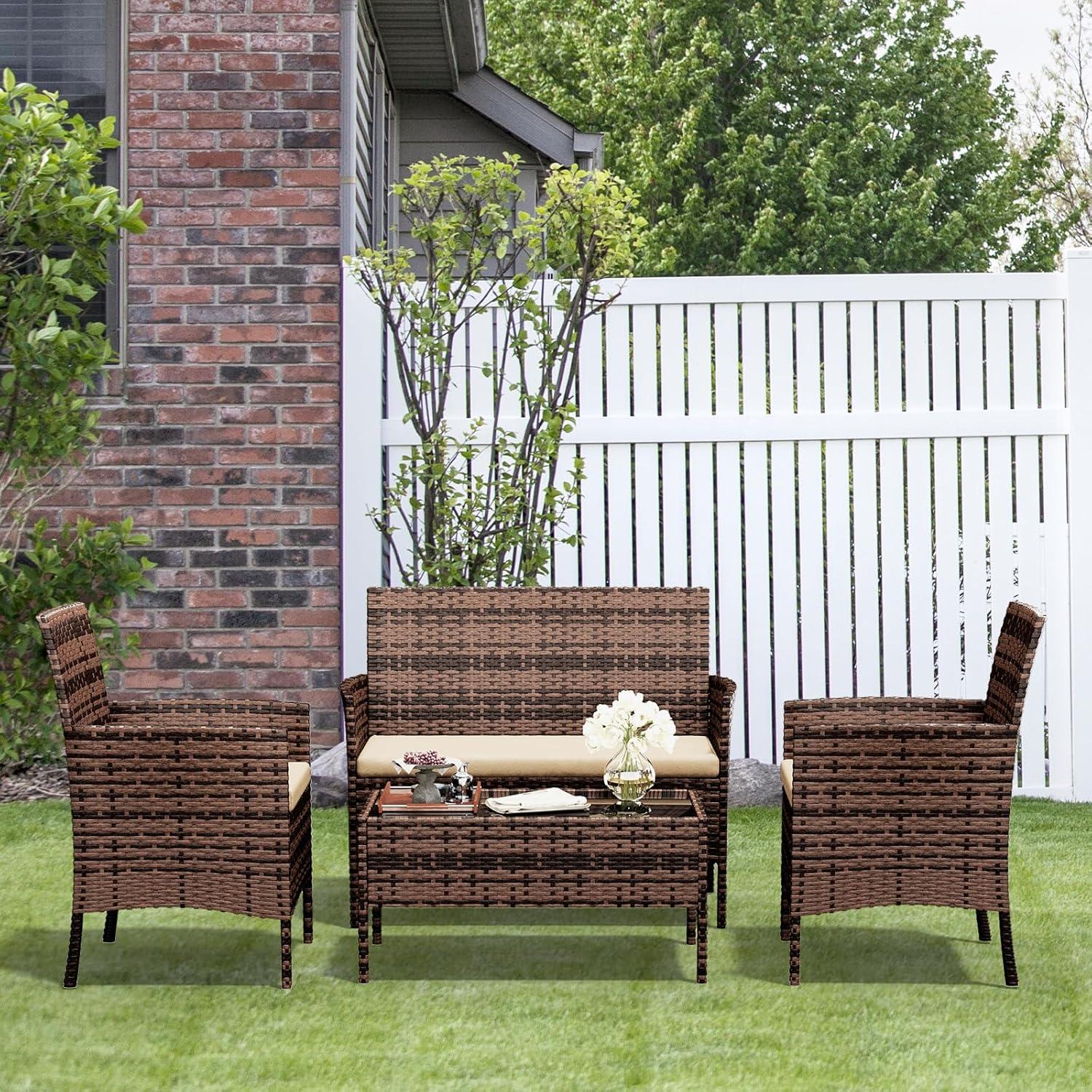 4-teiliges Rattan Gartenmöbel Set VintageBraun