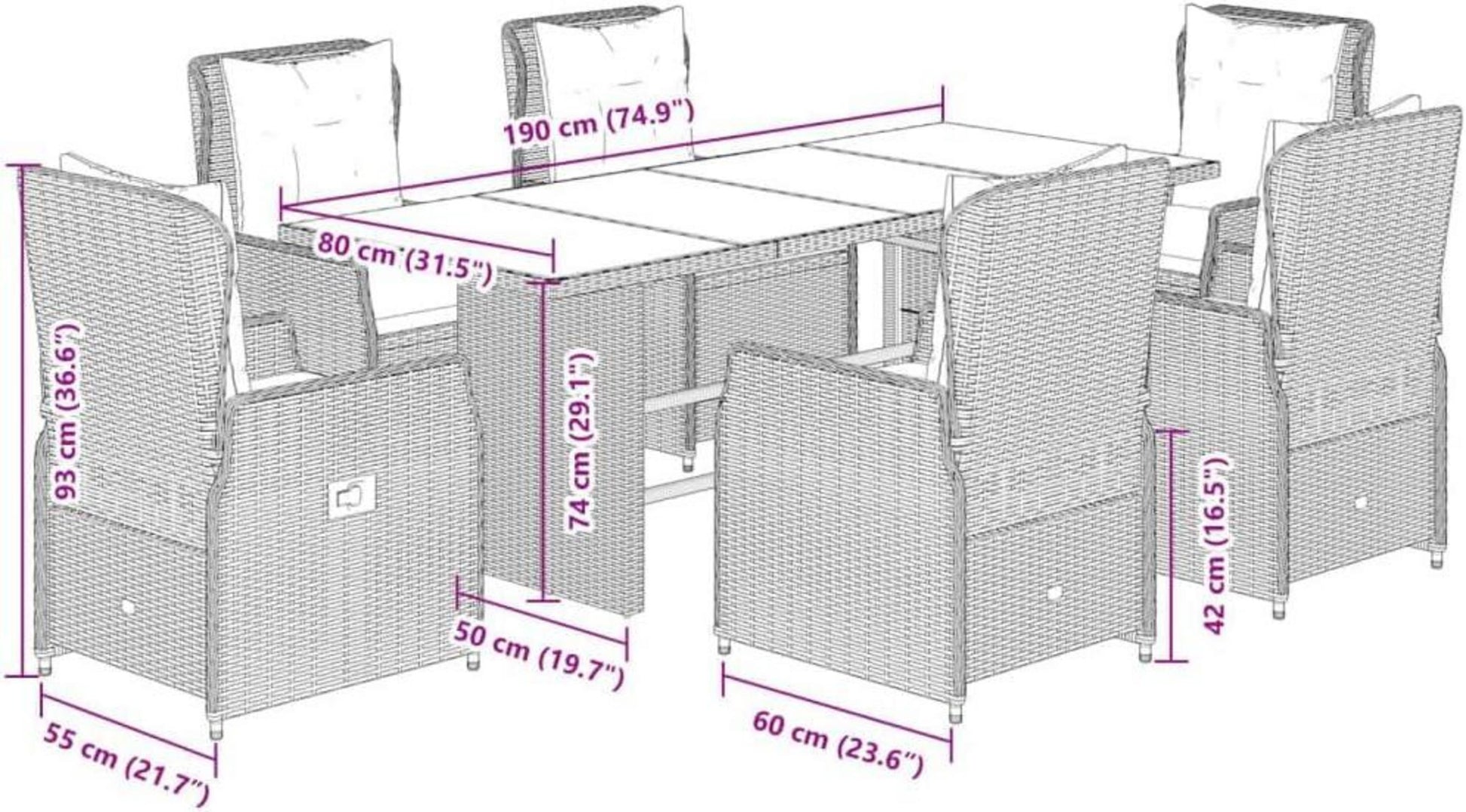 Polyrattan Gartenmöbel Set 6 Personen mit Tisch und Hochlehner Stühlen