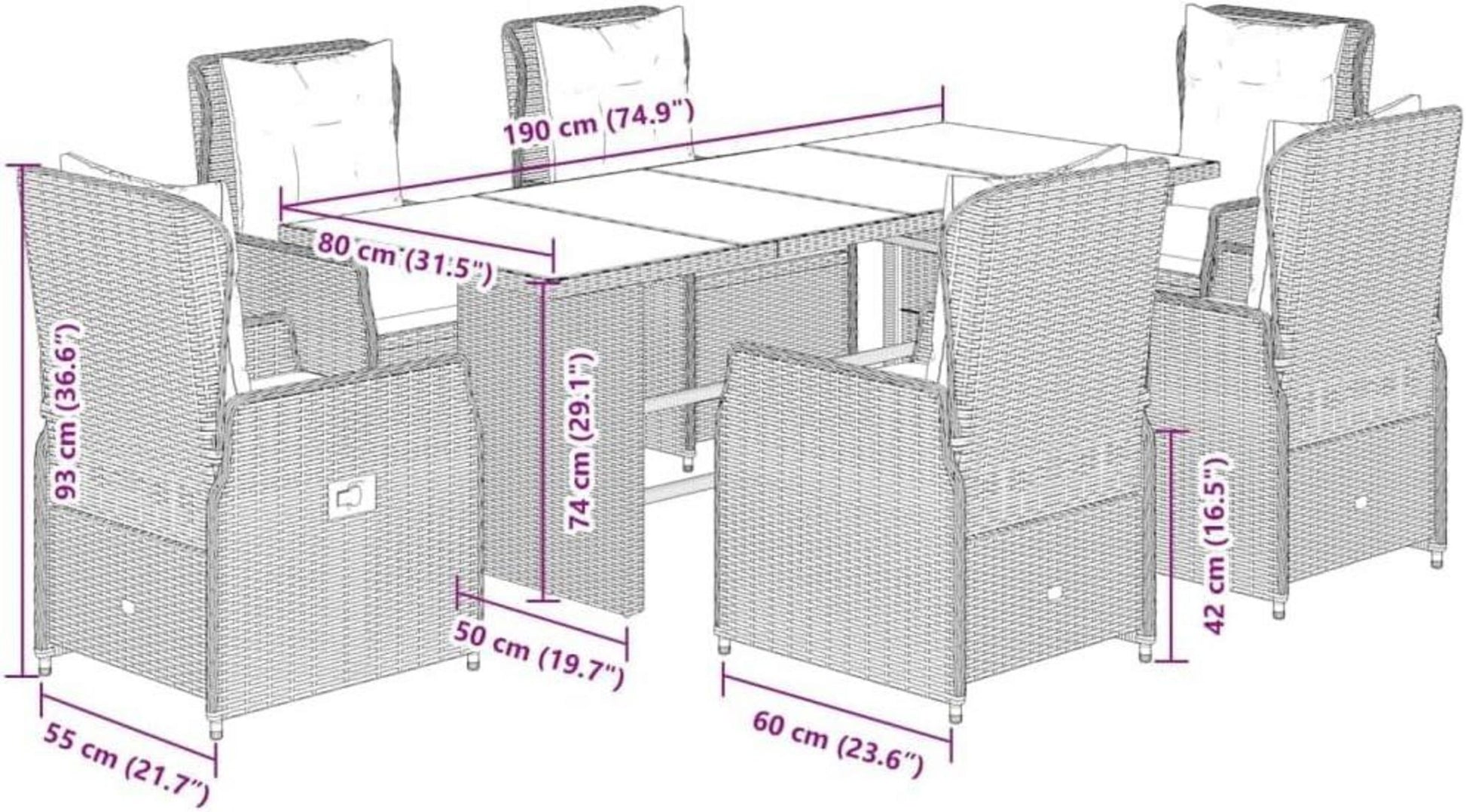 Polyrattan Gartenmöbel Set 6 Personen mit Tisch und Hochlehner Stühlen Grau