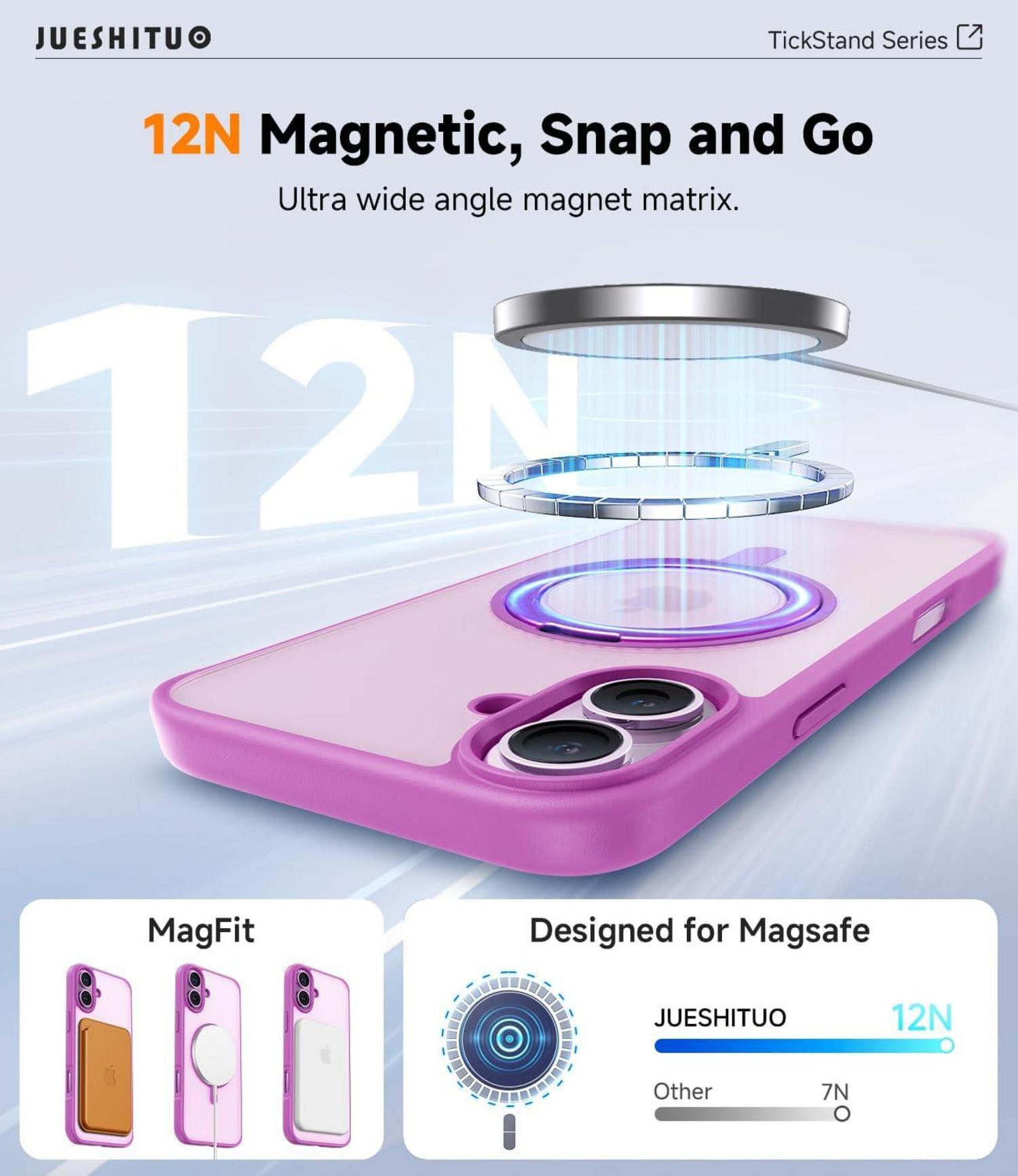 JUESHITUO 360° iPhone 16 Hülle Militärschutz Unsichtbarer Ständer Pink
