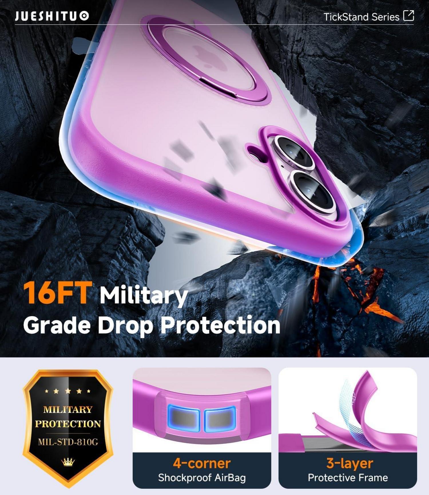 JUESHITUO 360° Magic Stand iPhone 16 Hülle Pink MagSafe Schutzhülle