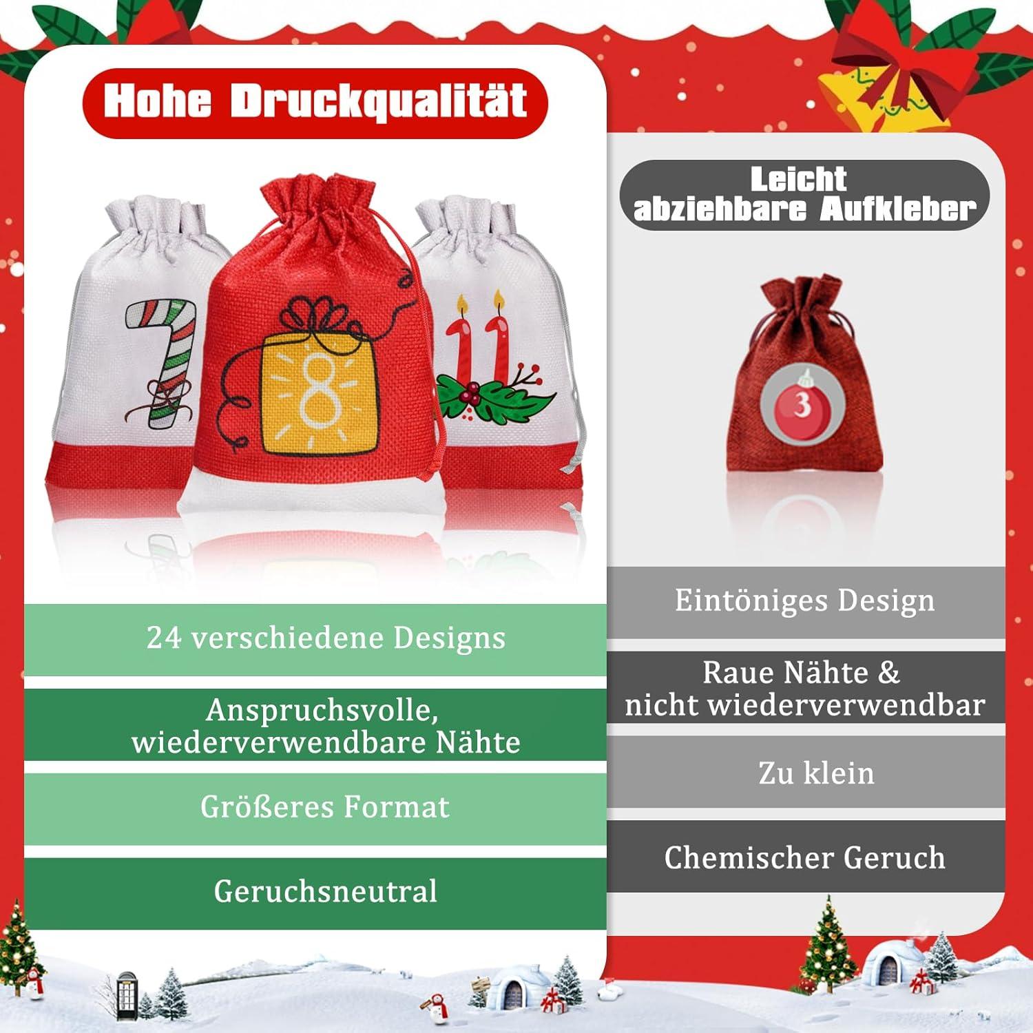 Adventskalender zum Befüllen 2024 Säckchen 18x13cm Groß - DIY Stoff
