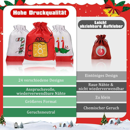 Adventskalender zum Befüllen 2024 Säckchen 18x13cm Groß - DIY Stoff