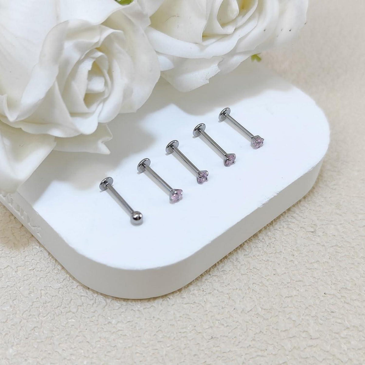 5er Set Lippenpiercing Labret Stecker 10mm 16G Silber Gold Rosa