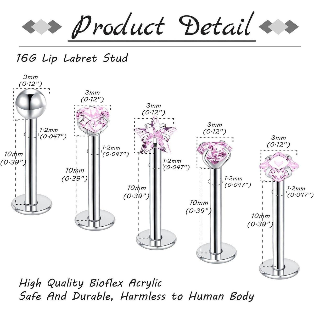 5er Set Lippenpiercing Labret Stecker 10mm 16G Silber Gold Rosa