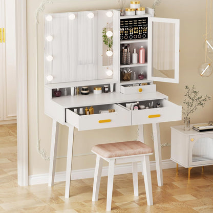 Schminktisch LED Beleuchtung Spiegel Hocker Weiß Makeup Tisch Mädchen Modern