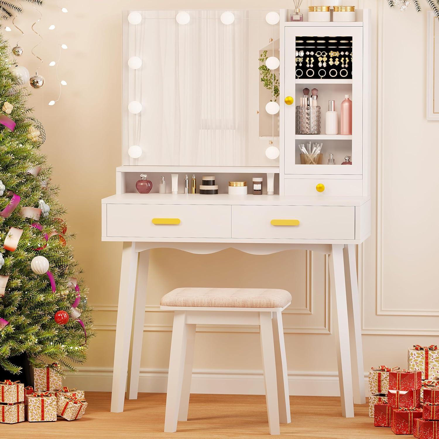 Schminktisch LED Beleuchtung Spiegel Hocker Weiß Makeup Tisch Mädchen Modern