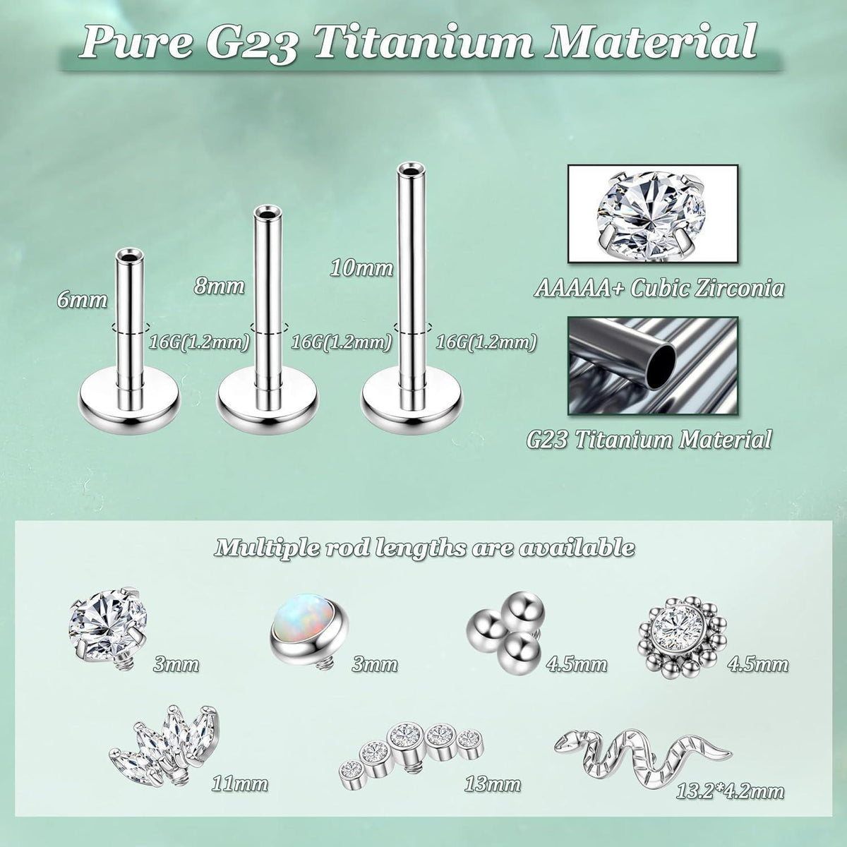 G23 Titan Helix Tragus Labret Piercing Innengewinde 3 Längen 5CZ