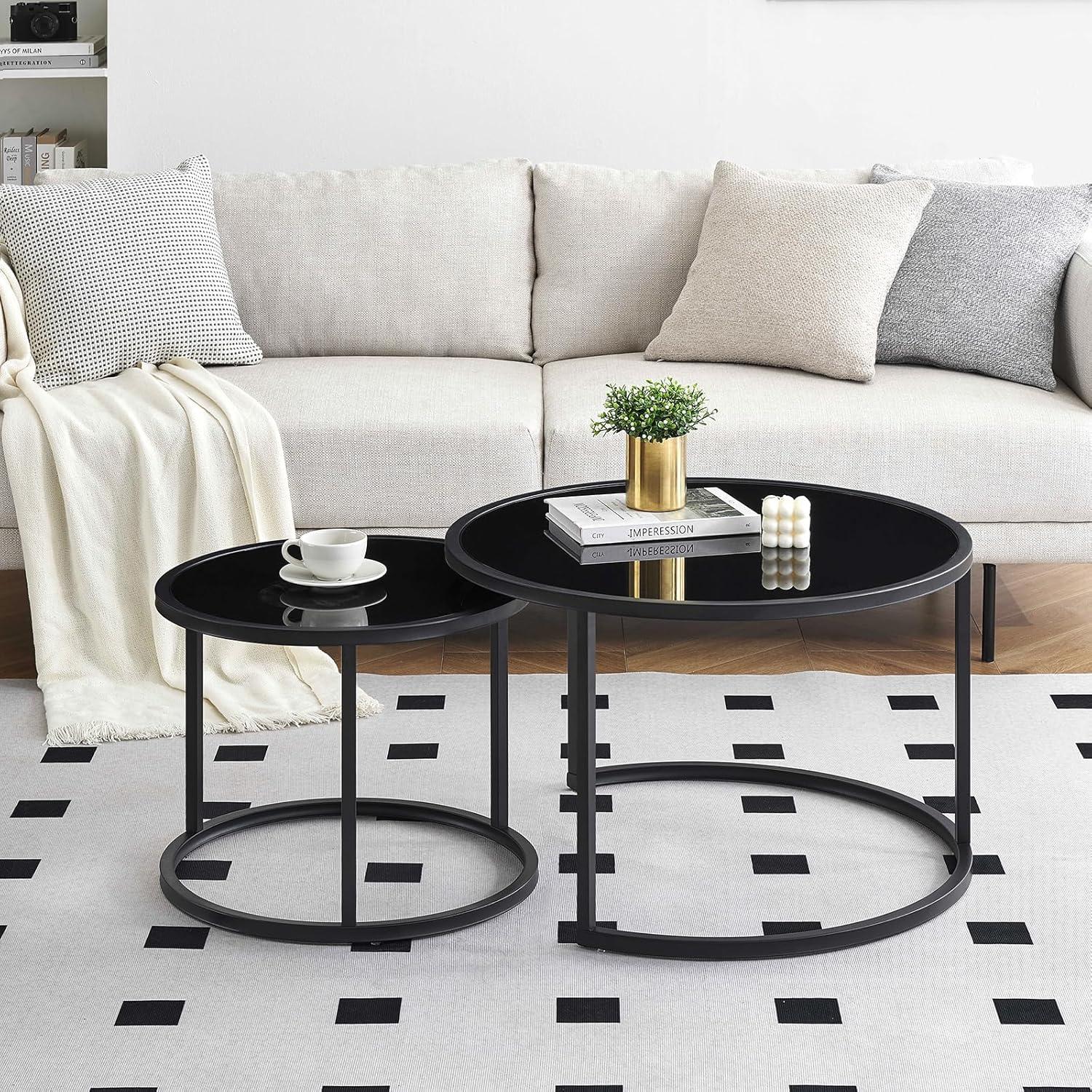 Couchtisch Glas Schwarz Rund Metallgestell 2er Set 70x70x45