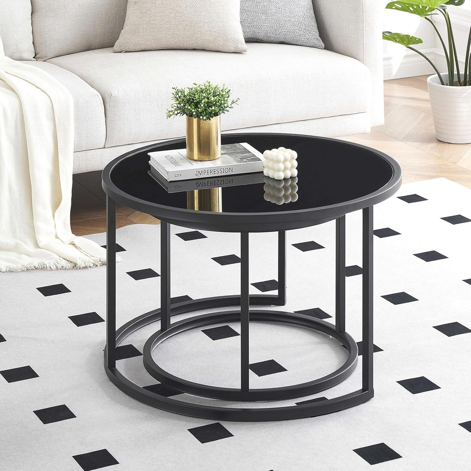 Couchtisch Glas Schwarz Metallgestell Rund 2er Set 70x70x45 & 50x50x40 cm