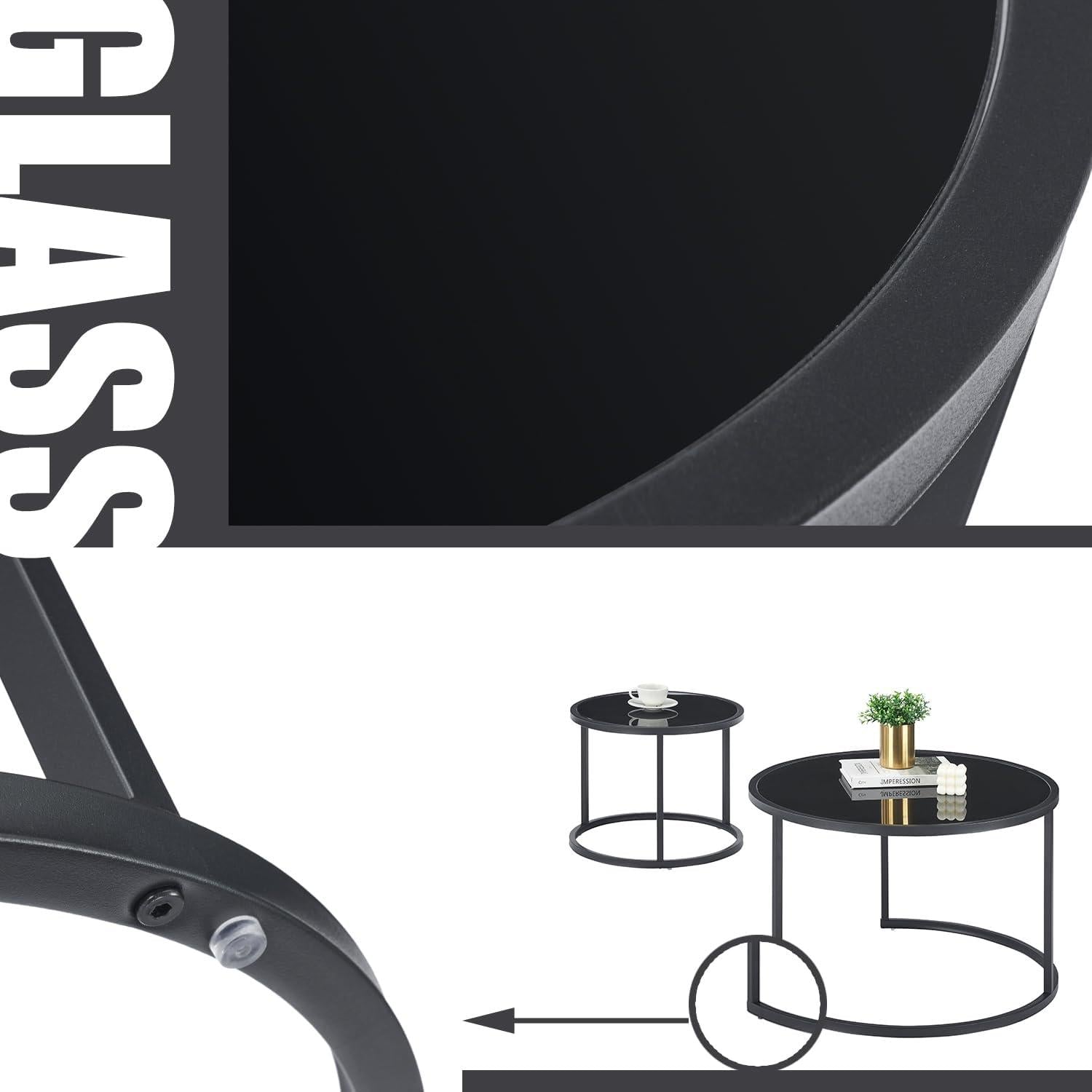 Moderne Glas Couchtische Schwarz Metallgestell 2er Set