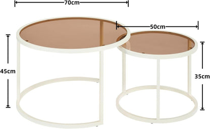 Modernes Glas-Couchtisch Set | Wohnzimmertisch Rund| Weiß/Braun