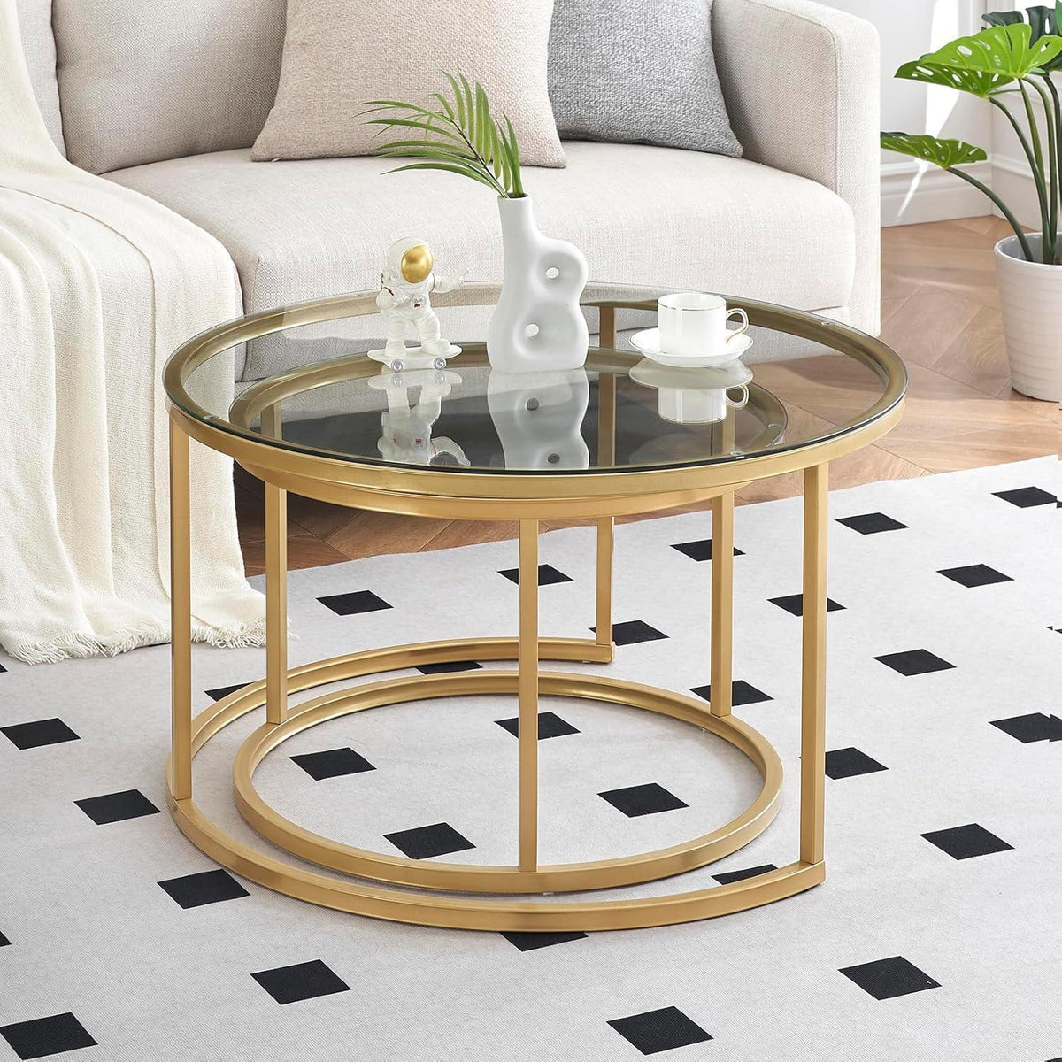 Couchtisch 2er Set Glas mit Gold Metallgestell rund 80x80 & 60x60 cm