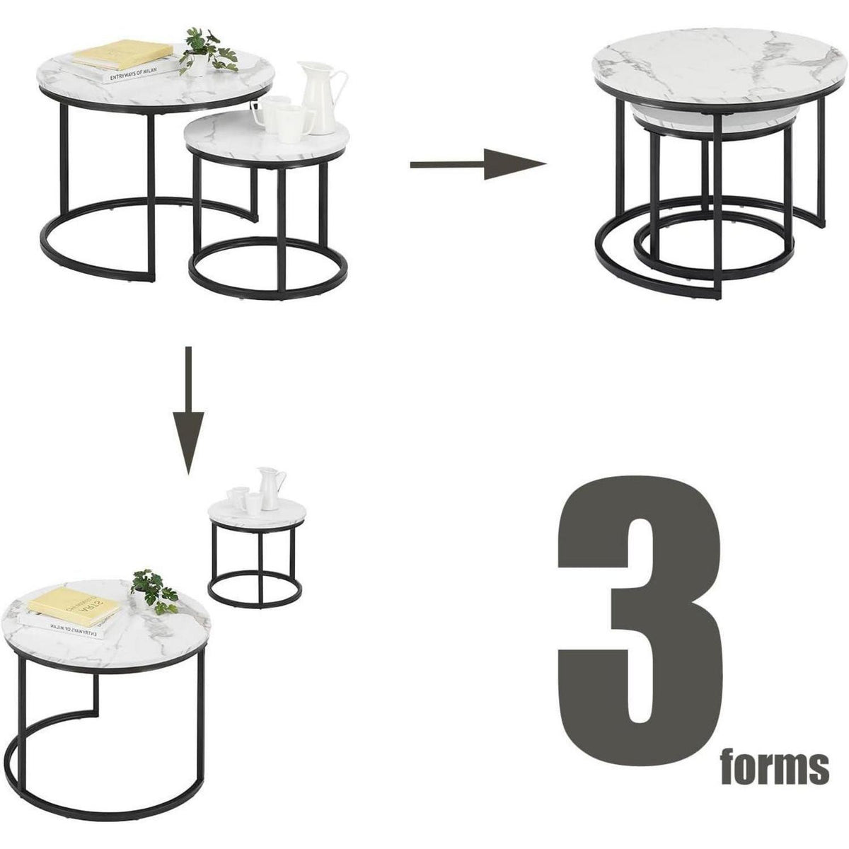Runder Couchtisch Marmor Optik 2er Set Schwarz Weiß