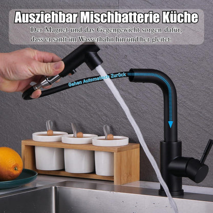 Schwarzer Ausziehbarer Wasserhahn 360° Drehbar mit 2 Sprühmodi, Einfache Montage, Einhebelmischer Armatur für Bad und Küche