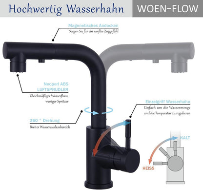 Schwarzer Wasserhahn Bad Ausziehbar 360° Drehbar L-Form Armatur