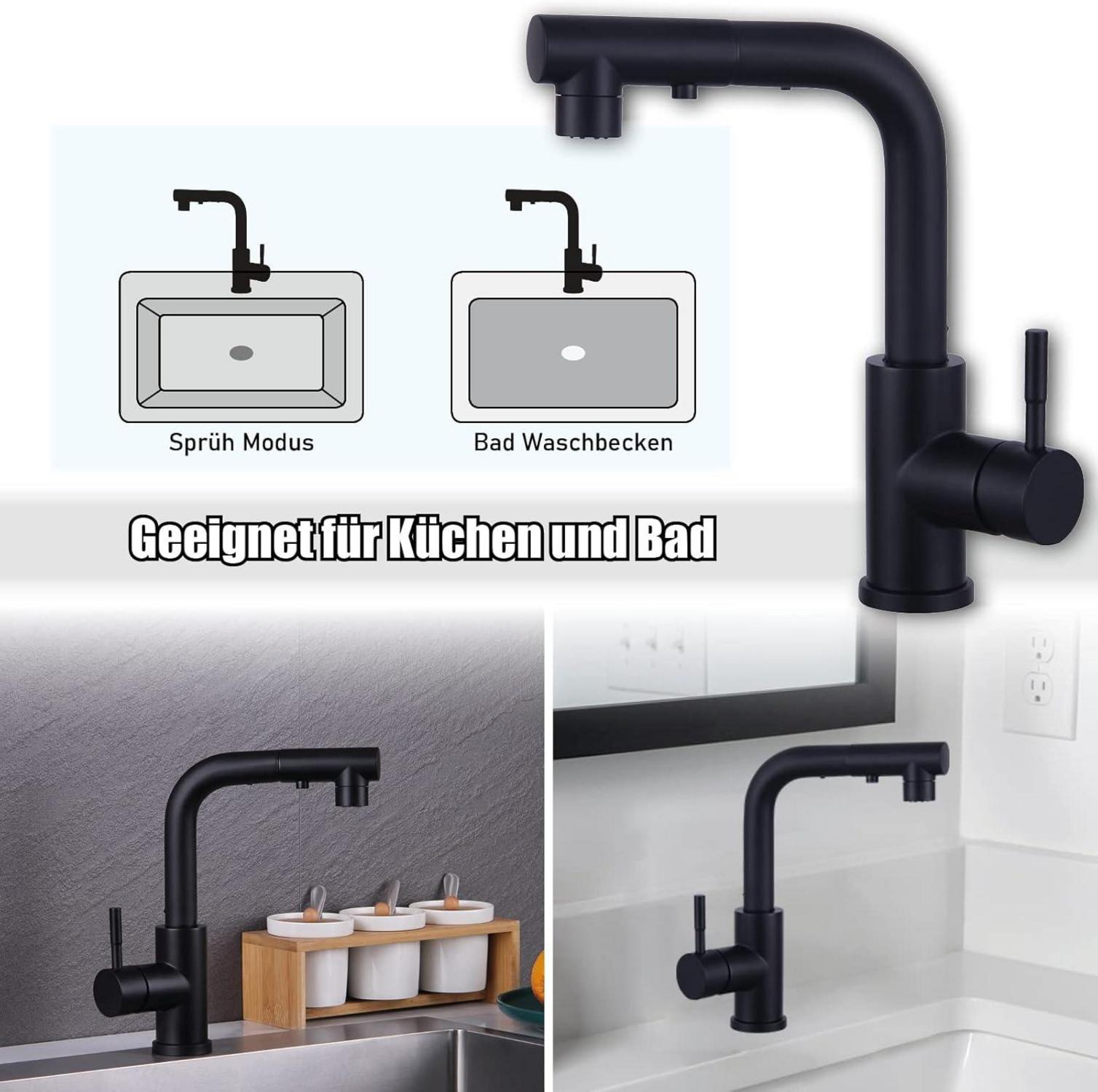 Wasserhahn Bad Schwarz 360° Drehbar Ausziehbar 2 Sprühmodi L Form