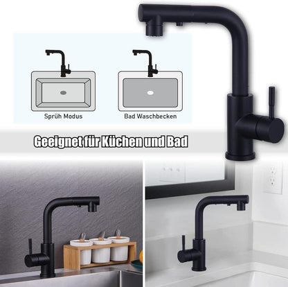 Wasserhahn Bad Schwarz 360° Drehbar Ausziehbar 2 Sprühmodi L Form