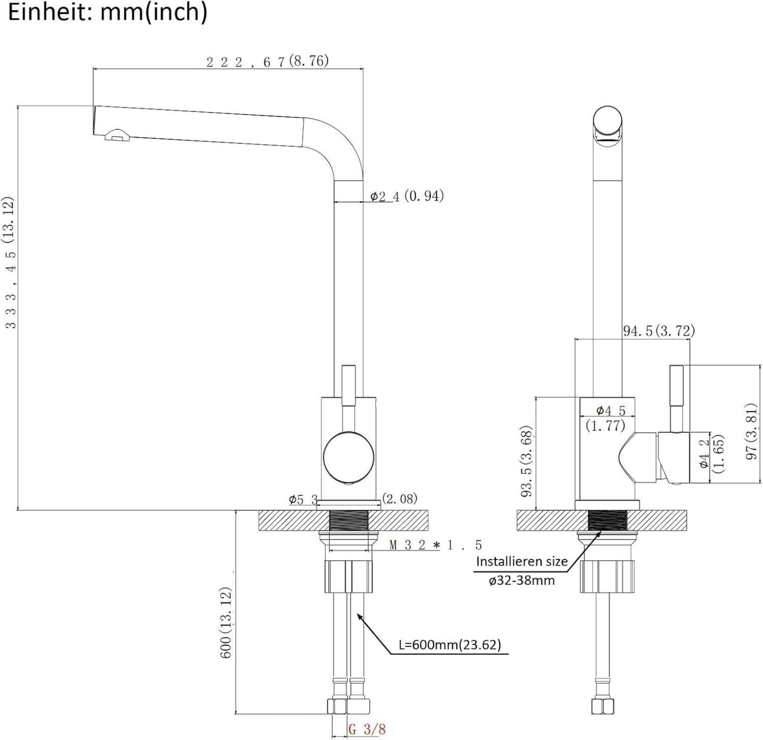 Wasserhahn Küche Schwarz Edelstahl Hochdruck 360° Schwenkbar L-Form