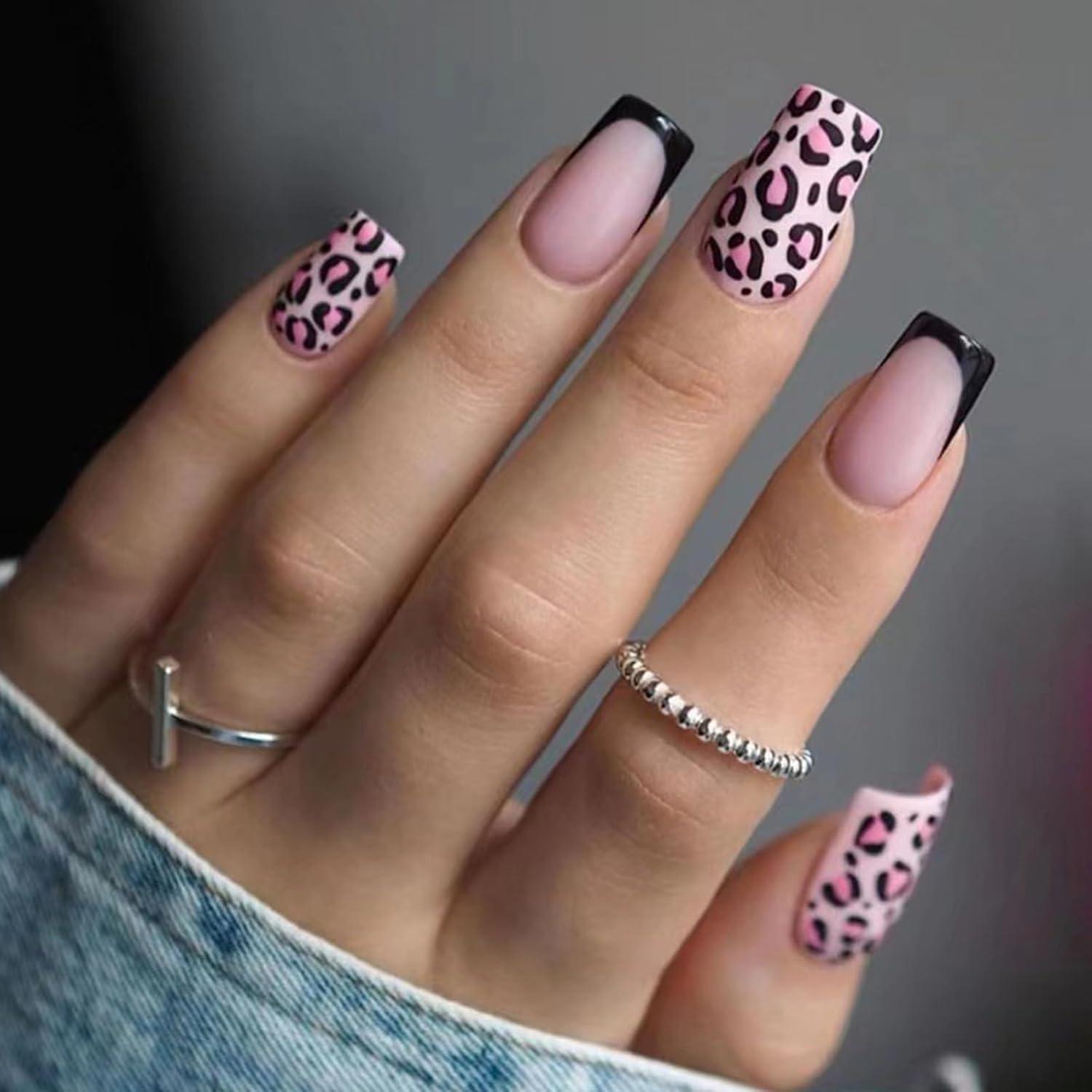 Ceboic Mittellang Nägel Aufkleben Eckig Rosa French Leopard Design