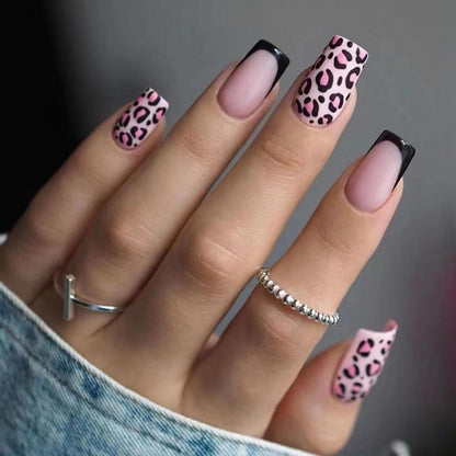Ceboic Mittellang Nägel Aufkleben Eckig Rosa French Leopard Design