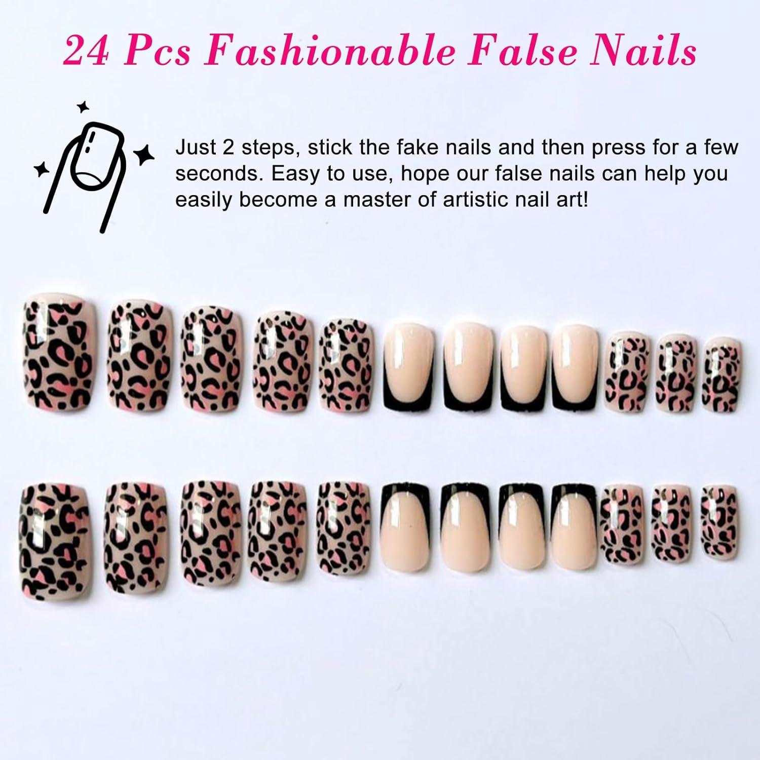 Ceboic 24 Stück Rosa French Leopard Künstliche Nägel Acryl