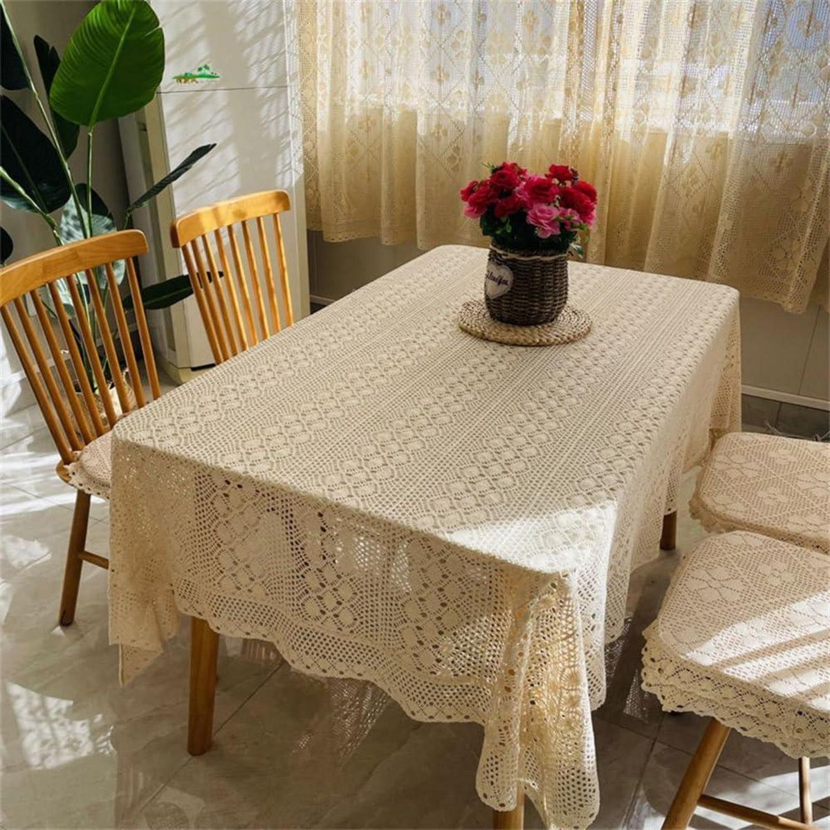 Rechteckige Häkel Tischdecke Beige Vintage Baumwolle 250x140 cm
