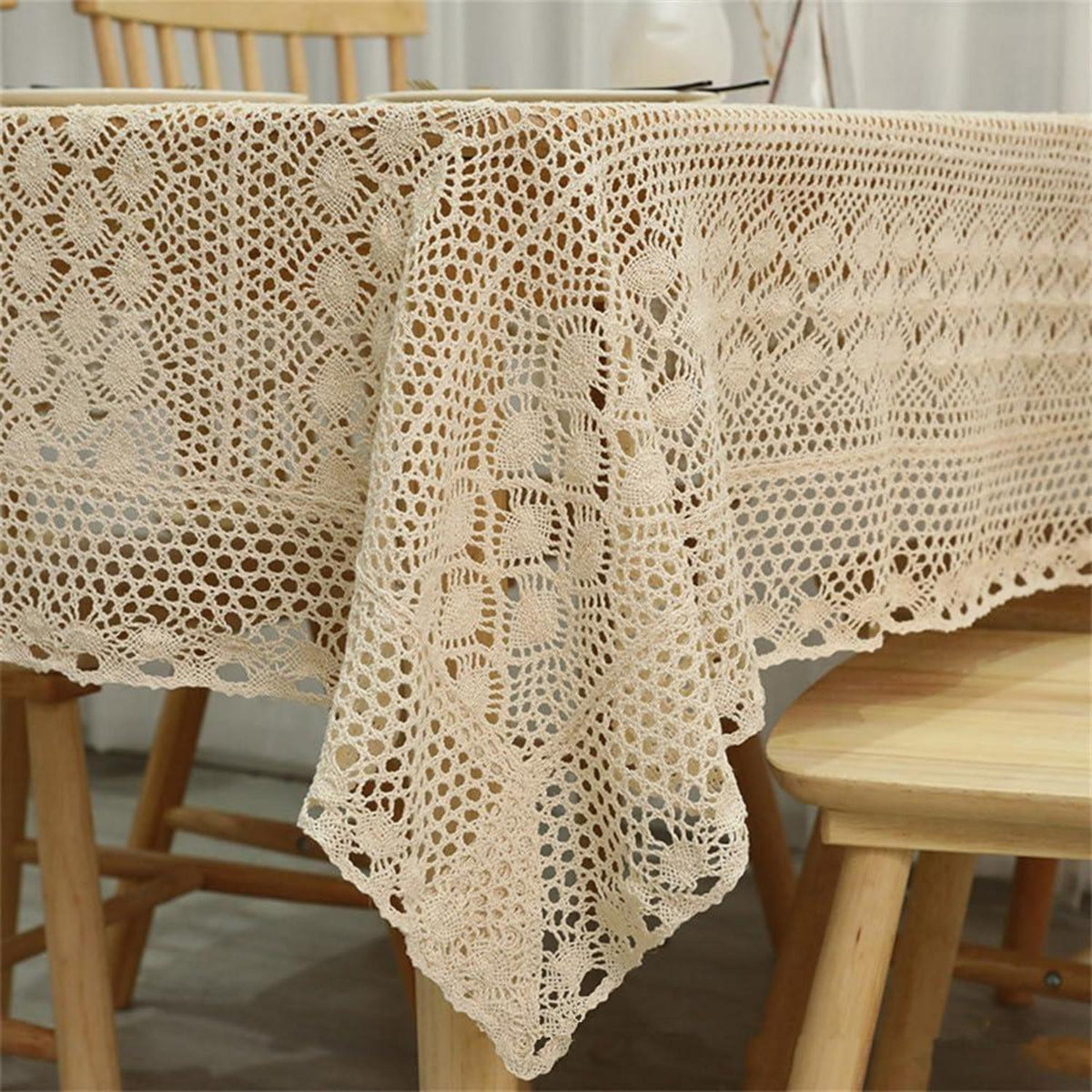 Rechteckige Häkel Tischdecke Beige Vintage Baumwolle 250x140 cm