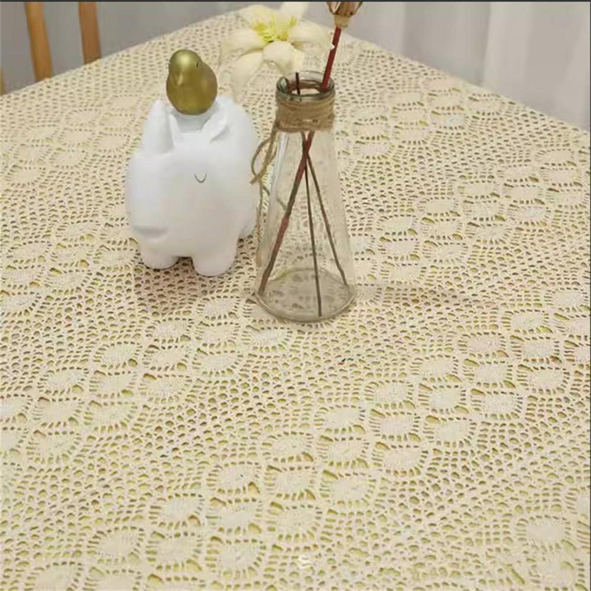 Rechteckige Häkel Tischdecke Beige Baumwolle Vintage Spitze 100x140cm