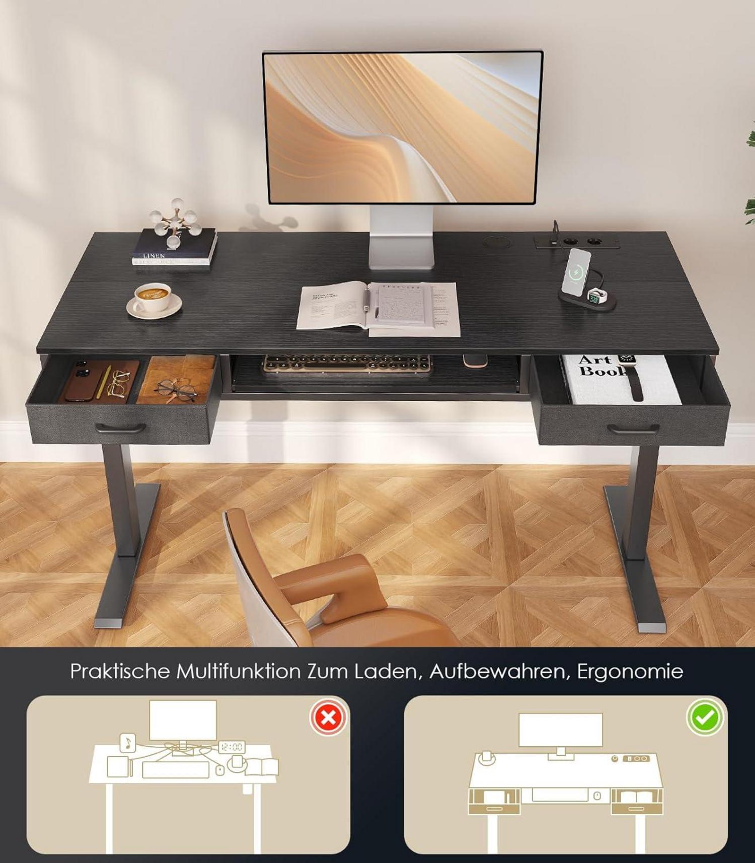 Elektrisch höhenverstellbarer Schreibtisch 120cm Schwarz mit Schubladen