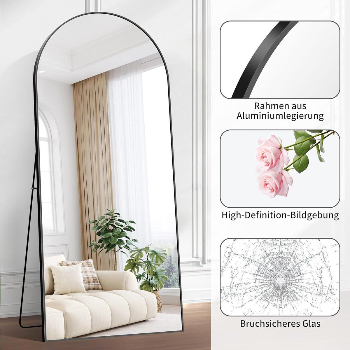 Ganzkörperspiegel 192x85cm – Gewölbter Standspiegel Schwarz