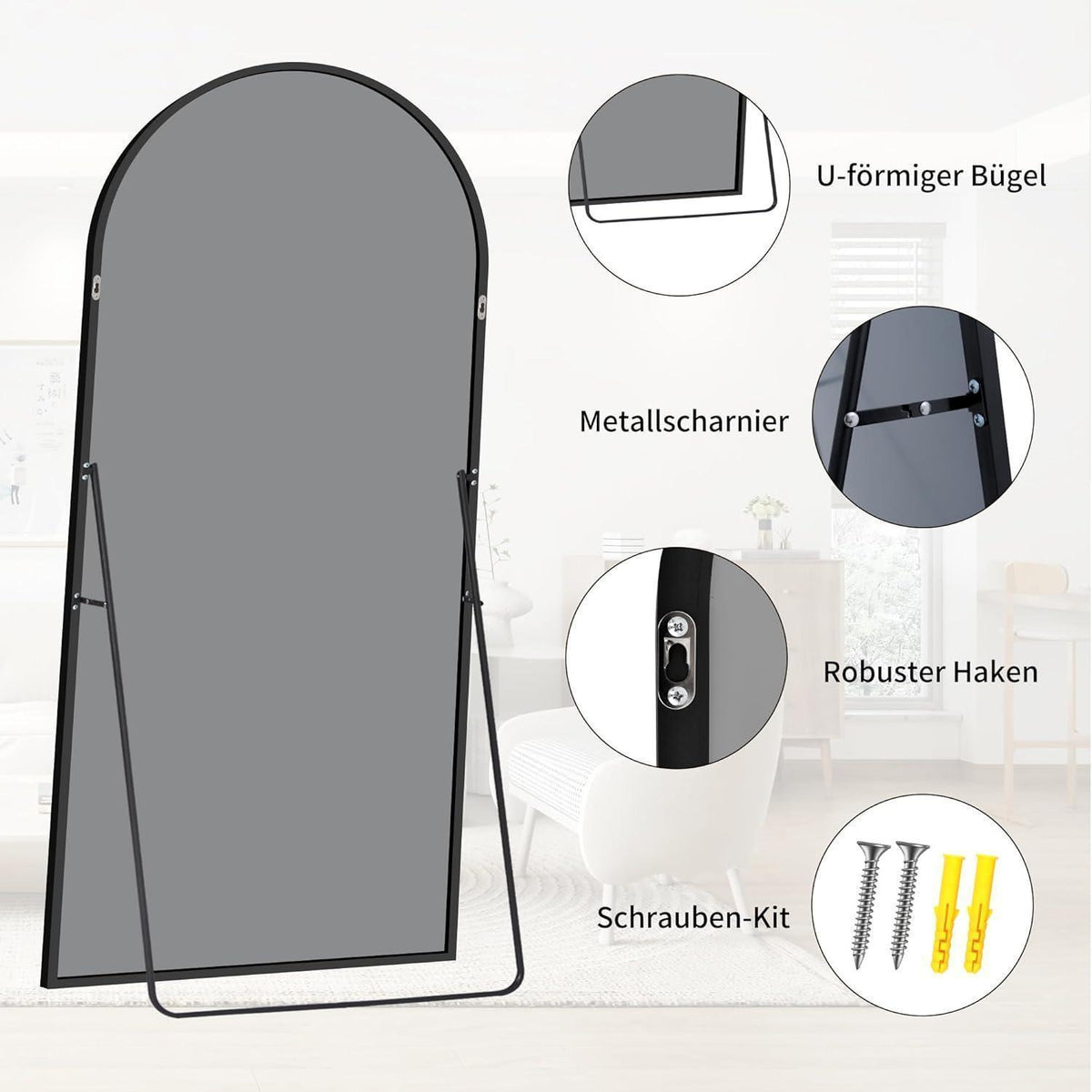 Ganzkörperspiegel 192x85cm – Gewölbter Standspiegel Schwarz