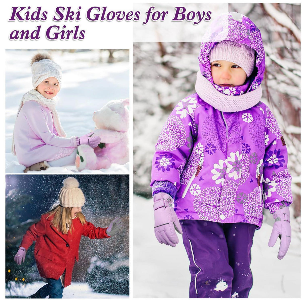 Kinder Skihandschuhe wasserdicht warm violett M (7-9 Jahre)