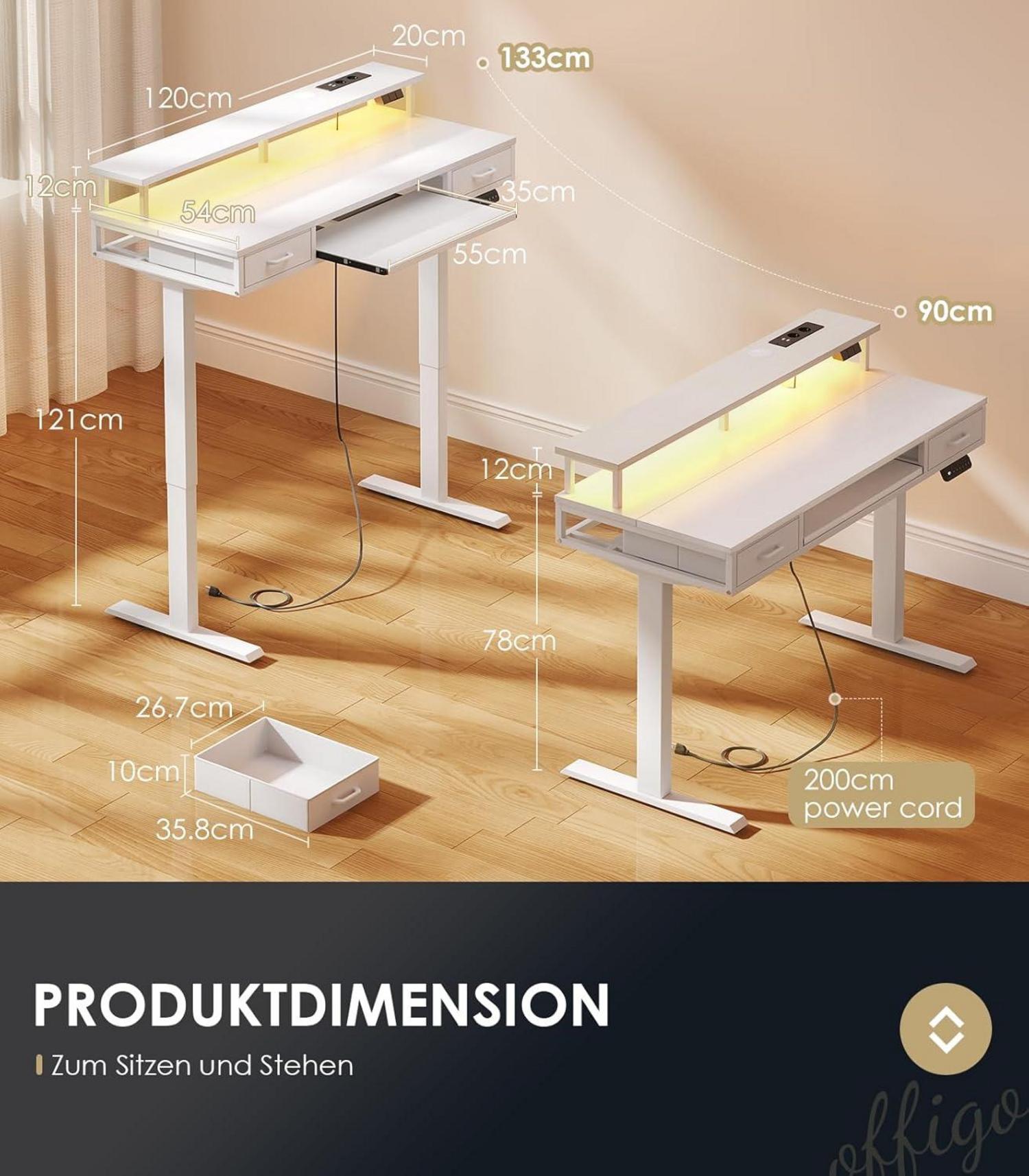 Elektrischer Schreibtisch Höhenverstellbar mit Schubladen und LED-Lichtleiste