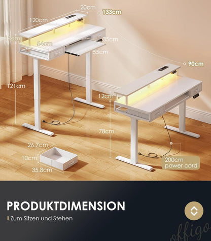 Elektrischer Schreibtisch Höhenverstellbar mit Schubladen und LED-Lichtleiste