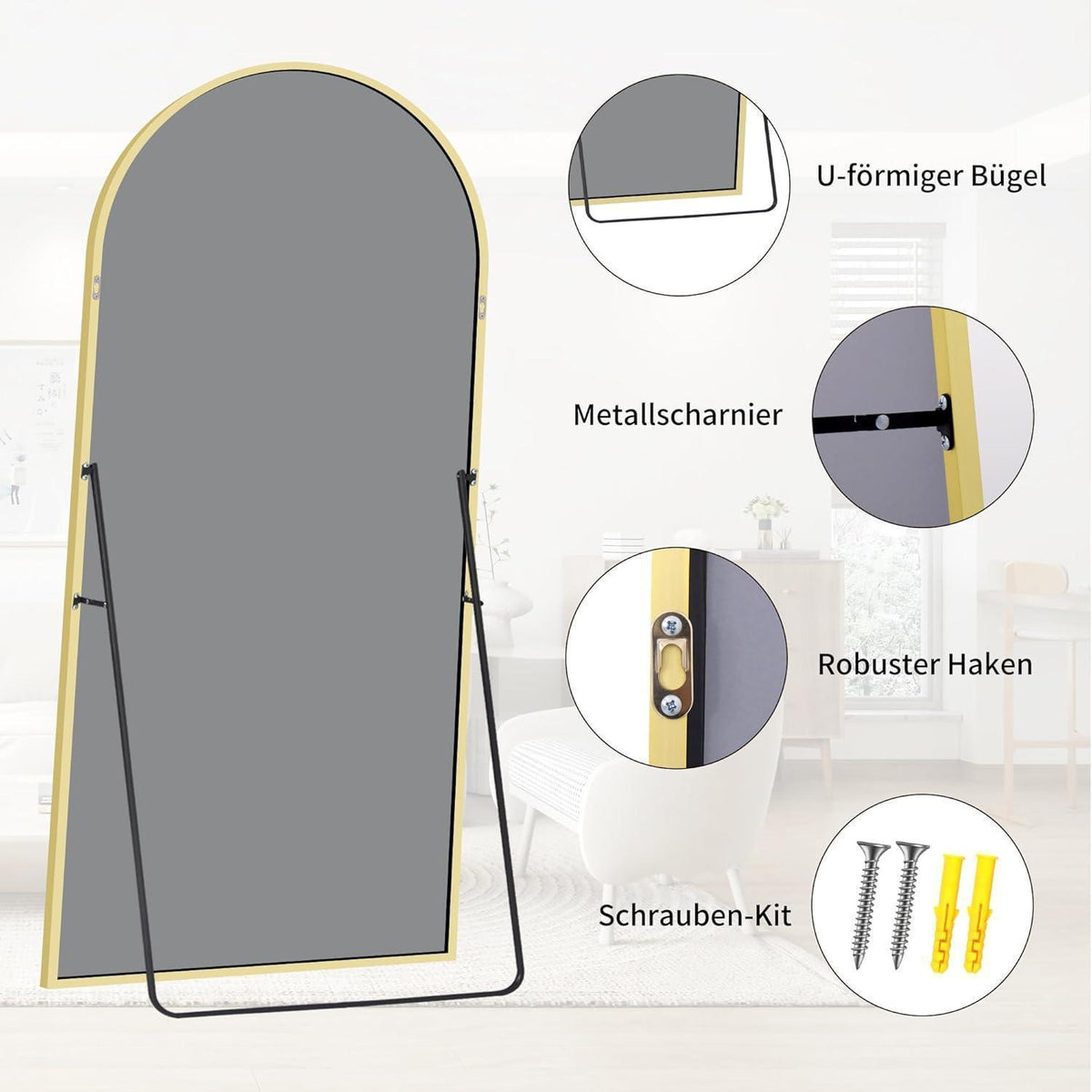 Ganzkörperspiegel Bogenförmig 192x85cm mit Goldrahmen – Stand- & Wandspiegel
