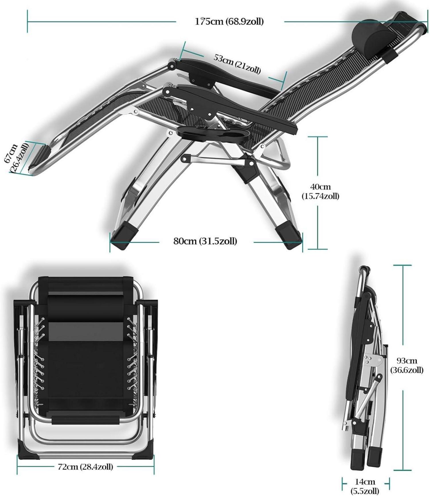Klappbare Sonnenliege mit Kissen und Getränkehalter, 72cm