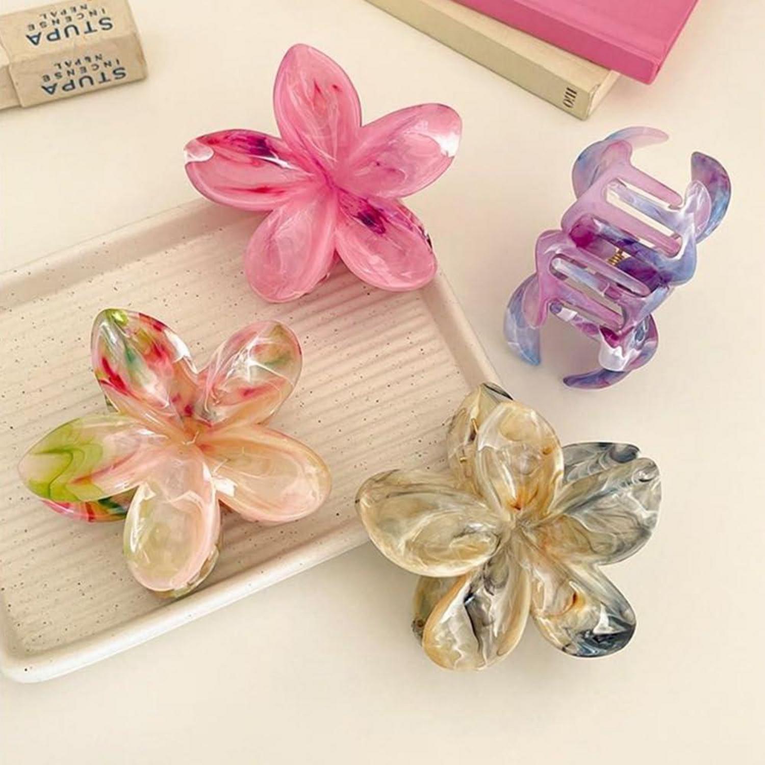 Blumen-Haarklammern 6er Set für dickes Haar, Acryl, starker Halt